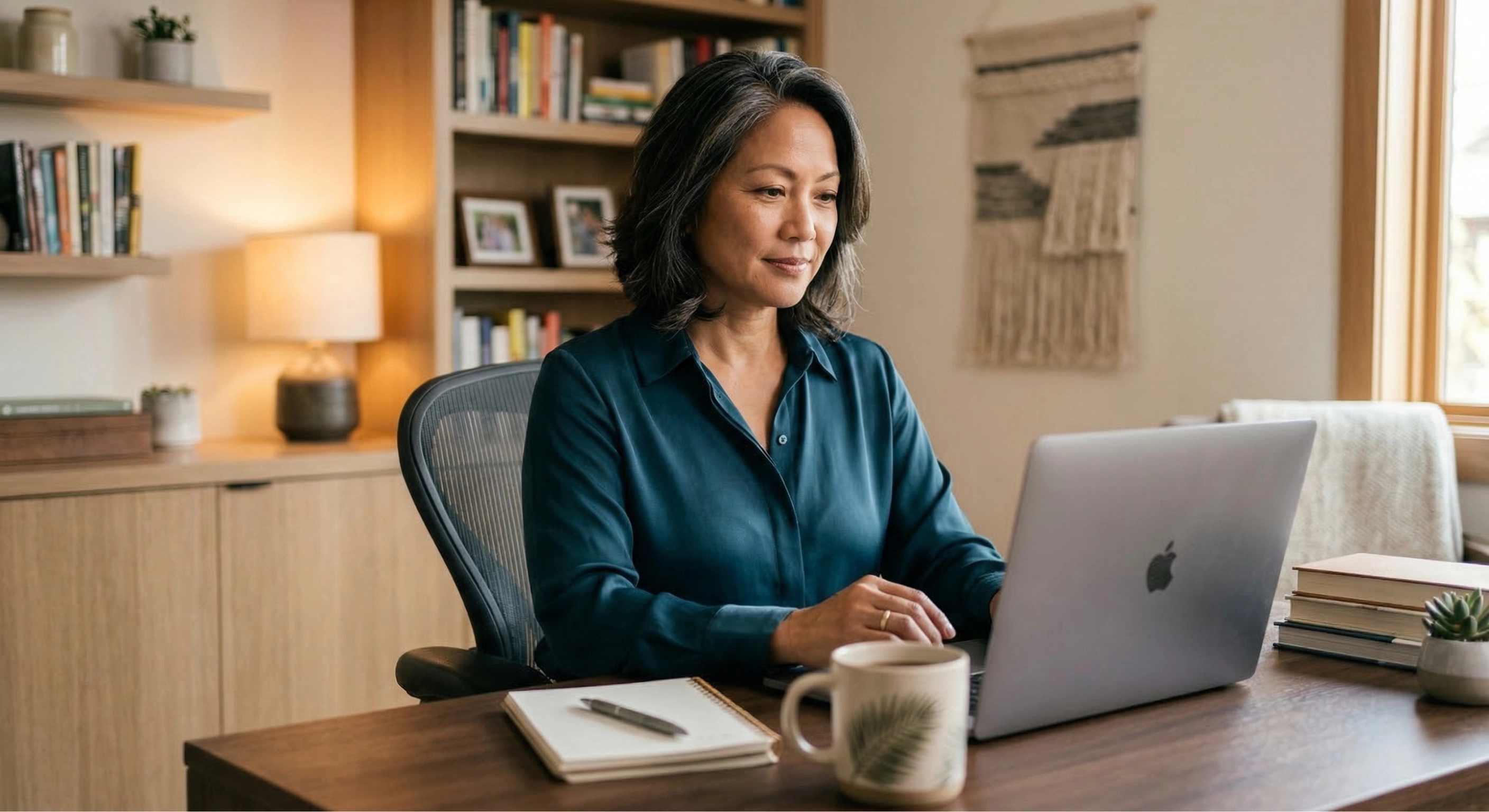 Filipino woman at home office representing urge incontinence treatment